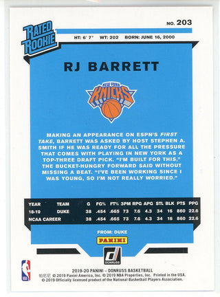 RJ Barrett 2019-20 Panini Donruss Rated Rookie Orange Card #203