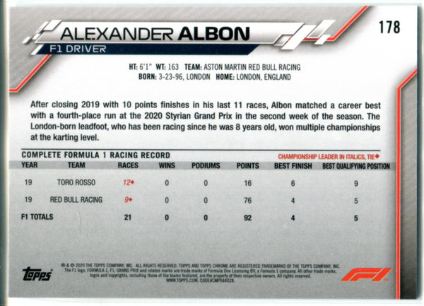 Alexander Albon 2020 Topps Chrome Rookie Card #178