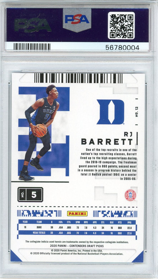 RJ Barrett 2020 Panini Contenders Draft Pick Green Explosion Rookie Card #12 (PSA)