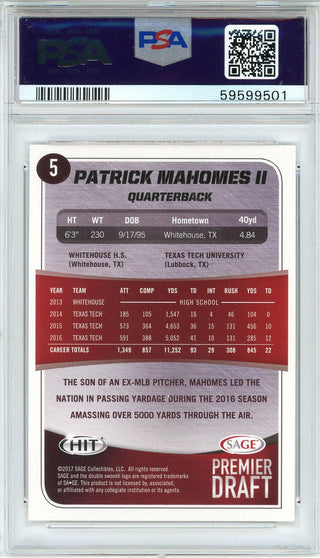 Patrick Mahomes II 2017 Sage Hit Rookie Card #5 (PSA Gem Mt 10)