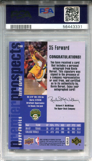 Kevin Durant Autographed 2007 Upper Deck SP Rookie Edition Card (PSA)