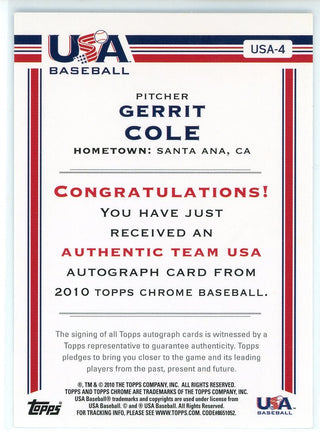 Gerrit Cole Autographed 2010 Topps USA Baseball Card #USA-4