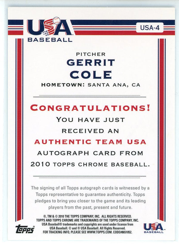 Gerrit Cole Autographed 2010 Topps USA Baseball Card #USA-4