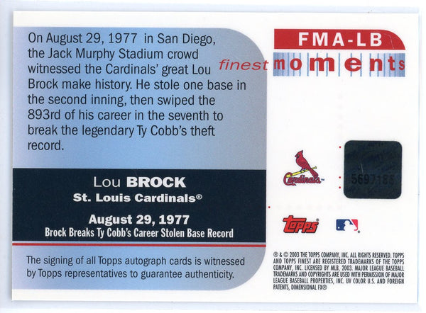 Lou Brock Autographed 2003 Topps Finest Moments Card #FMA-LB