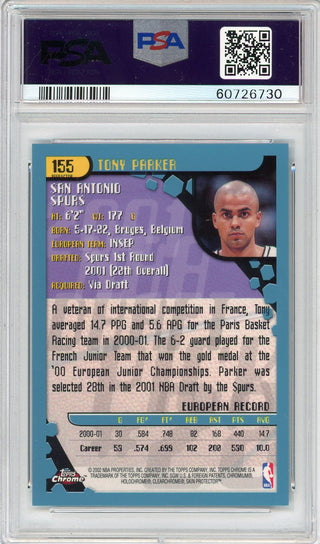 Tony Parker 2001 Topps Chrome Refractor Card #155 (PSA Mint 9)