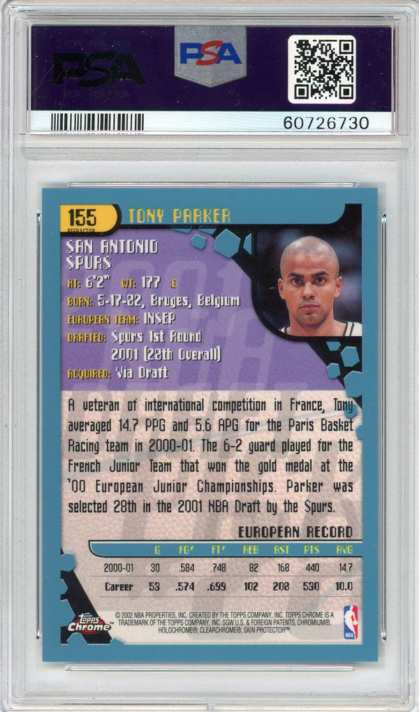 Tony Parker 2001 Topps Chrome Refractor Card #155 (PSA Mint 9)