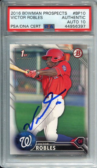 Victor Robles Autographed 2016 Bowman Prospects Rookie Card (PSA)