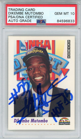 Dikembe Mutombo "HOF 15" Autographed 1992 Skybox Rookie Card (PSA Auto GM 10)