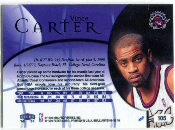 Vince Carter 1998-99 Fleer Brilliants Rookie Card #105