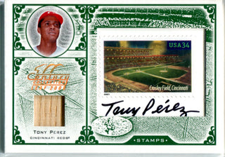 Tony Perez 2004 Donruss Playoff Postage Stamp, Piece of Bat Cut & Autographed Card #6/34