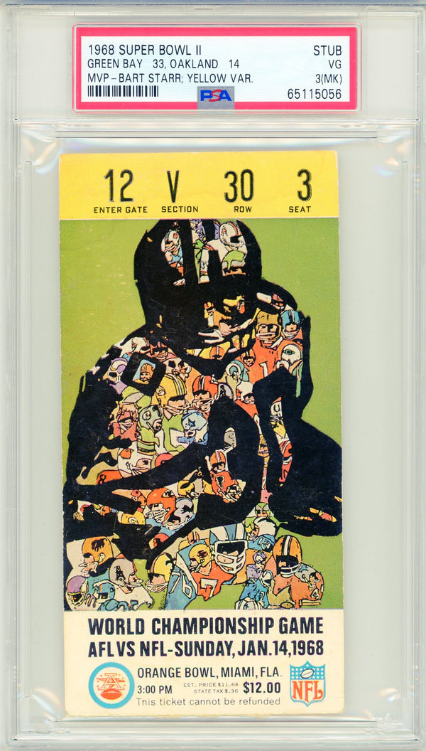 1968 Super Bowl II Green Bay Packers Vs. Oakland Raiders Yellow Variation Ticket (PSA VG 3mk)