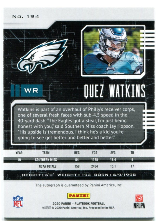 Quez Watkins Panini Playbook Rookie Auto 05/49