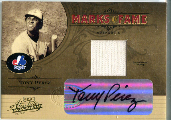 Tony Perez 2005 Donruss Marks of Fame Game-Worn Jersey/Autographed Card #25/50