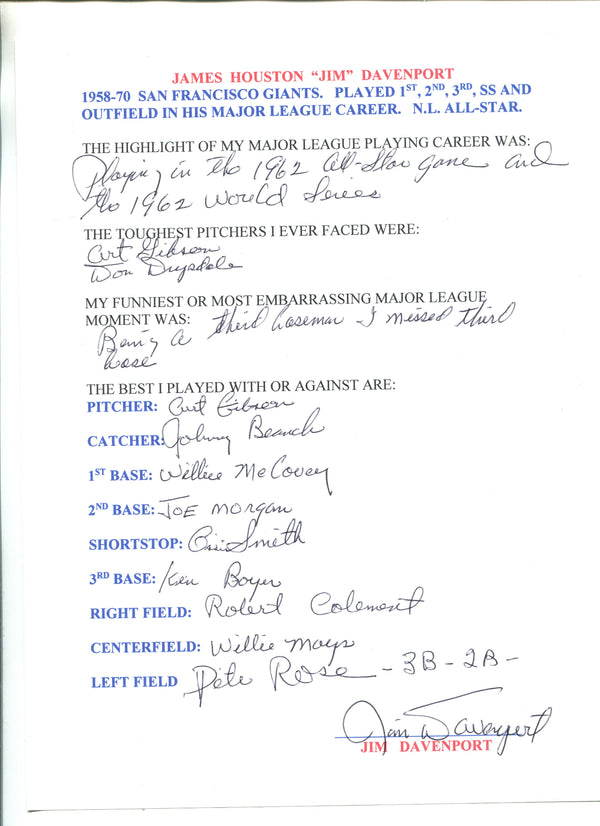 Jim Davenport Autographed Hand Filled Out Survey Page