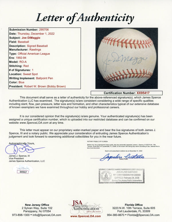 Joe DiMaggio Autographed American League Bobby Brown Baseball (JSA)