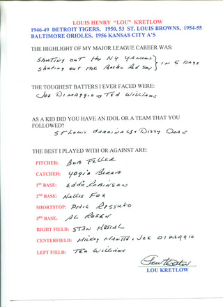 Lou Kretlow Autographed Hand Filled Out Survey Page