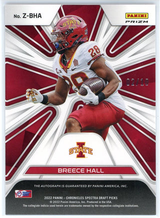 Breece Hall Autographed 2022 Panini Chronicles Spectra Draft Picks In the Zone Prizm Card #Z-BHA