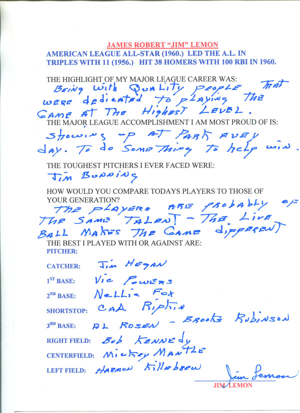 Jim Lemon Autographed Hand Filled Out Survey Page