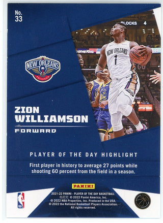 Zion Williamson 2021-22 Panini Player of the Day Foil Card #33