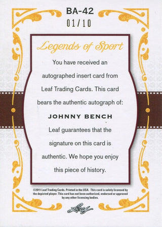 Johnny Bench Autographed 2011 Leaf Legends of Sport Card 01/10