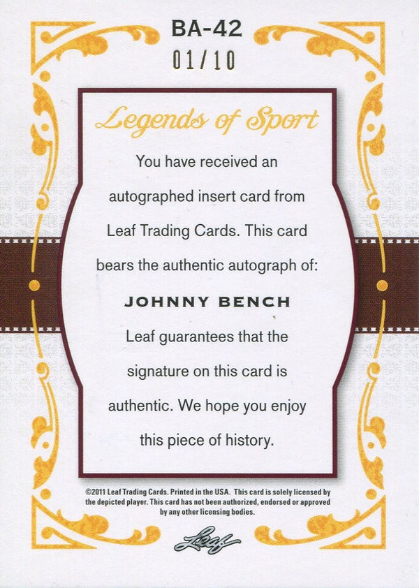 Johnny Bench Autographed 2011 Leaf Legends of Sport Card 01/10