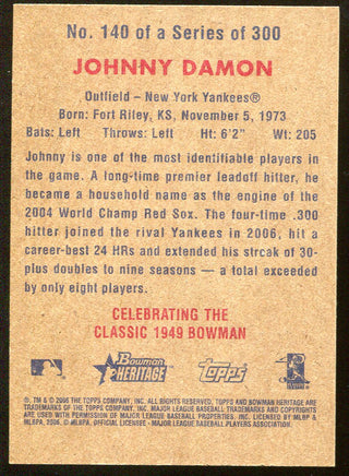 Johnny Damon 2006 Bowman Heritage #140 Autographed Card