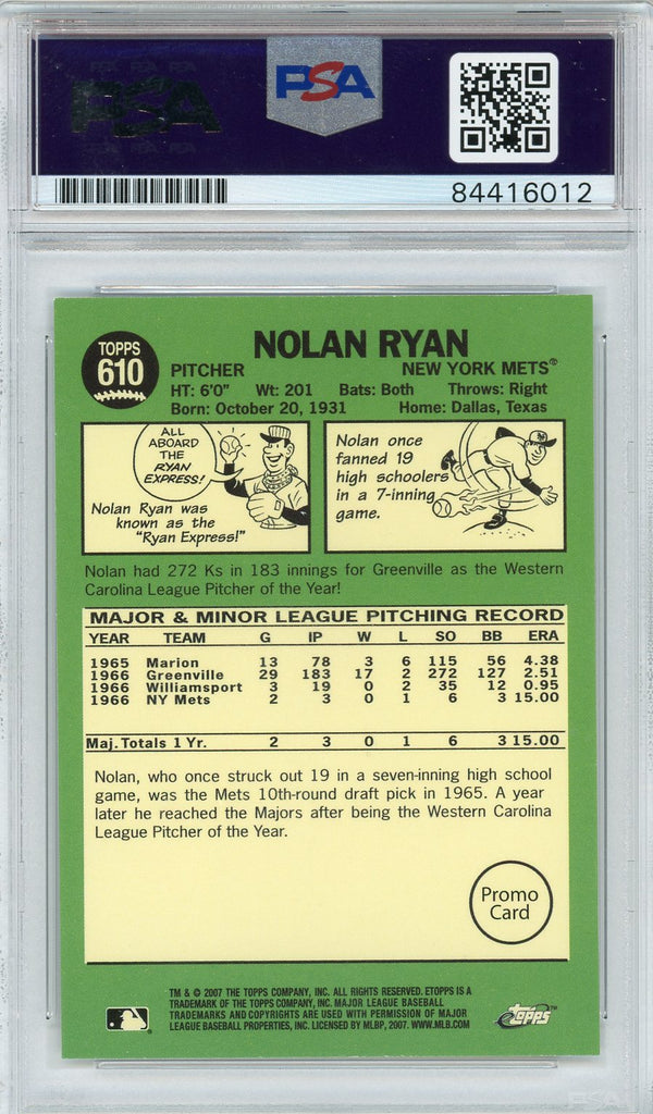 Nolan Ryan "69 Mets" Autographed 2007 Topps Promo Card (PSA Auto Gem Mint 10)