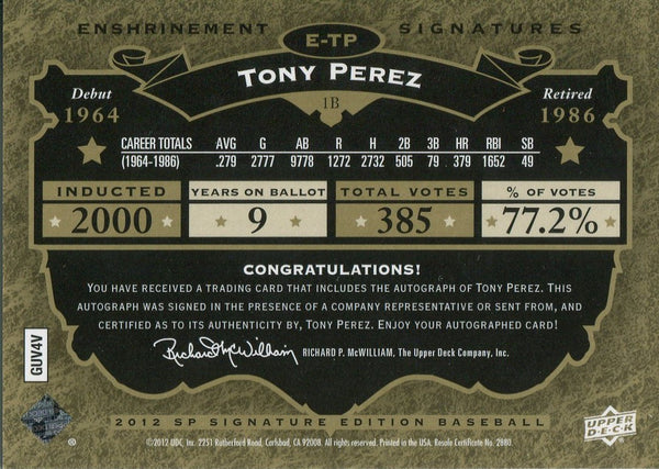 Tony Perez 2012 Autographed Card Upper Deck SP Signature Edition 04/20