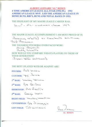 Al Rosen Autographed Hand Filled Out Survey Page