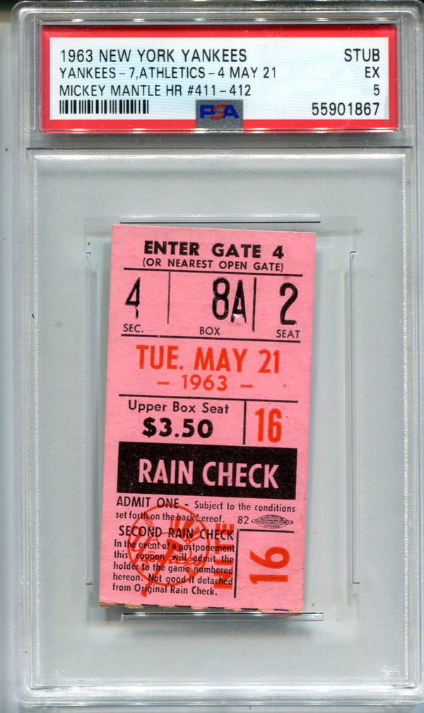 1963 New York Yankees Vs. Athletics 4 May  21 Ticket Stub (PSA EX 5 )