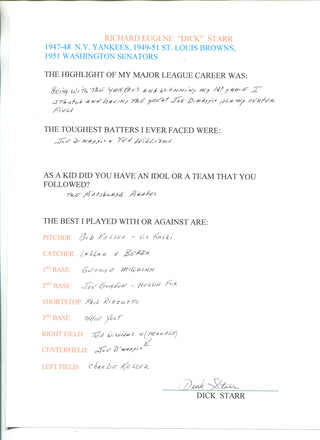 Dick Starr Autographed Hand Filled Out Survey Page