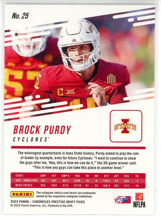 Brock Purdy 2022 Panini Chronicles Prestige Draft Picks Rookie Gold Card #25