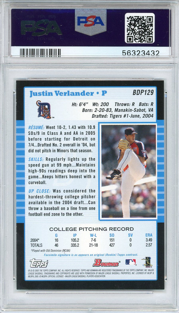 Justin Verlander 2005 Bowman Draft Picks Rookie Card #129 (PSA)