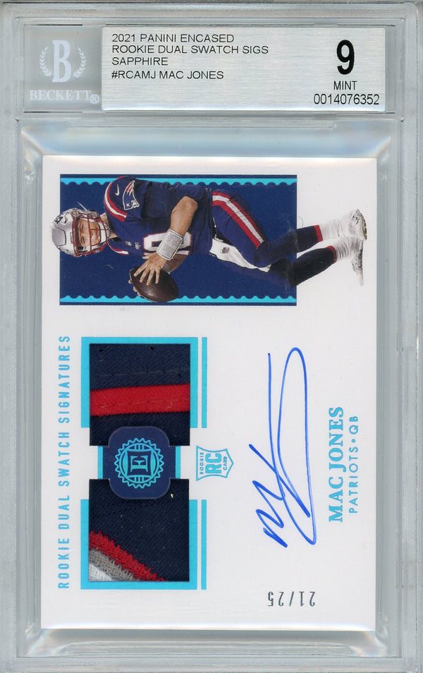 Mac Jones Autographed 2021 Panini Encased Rookie Dual Swatch Sapphire Card (BVG 9/10)