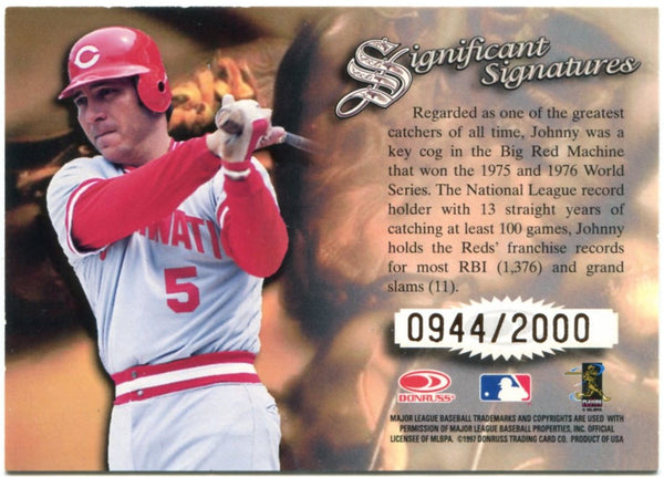 Johnny Bench Donruss Signature Series Significant Signatures Autographed Card 0944/2000