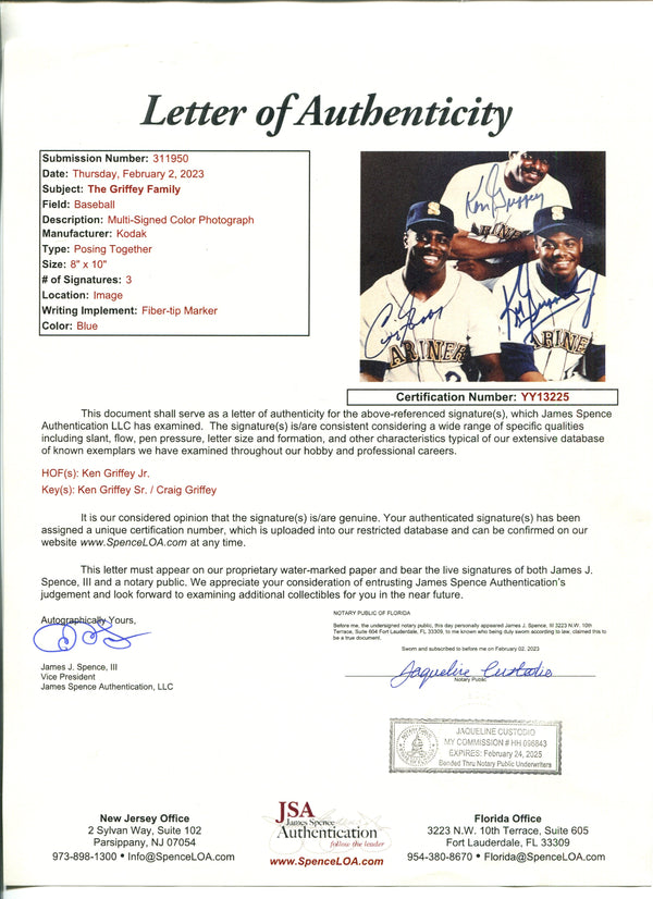 The Griffey Family Signed 8X10 Photo(JSA)