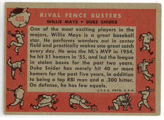 Willie Mays & Duke Snider Rival Fence Busters 1958 Topps Card #436