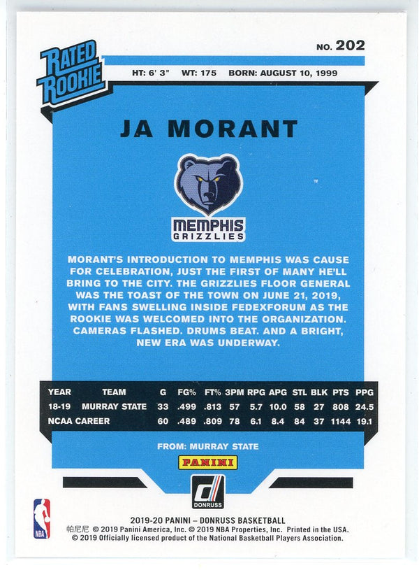 Ja Morant 2019-20 Panini Donruss Rated Rookie Card #202