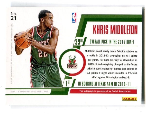 Khris Middleton 2013-14 Panini Prestige Bonus Shots #21 Auto Card /25