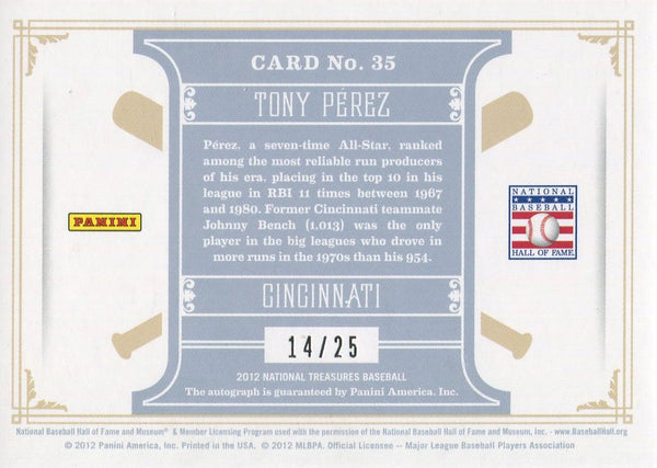 Tony Perez Autographed 2012 Panini National Treasures