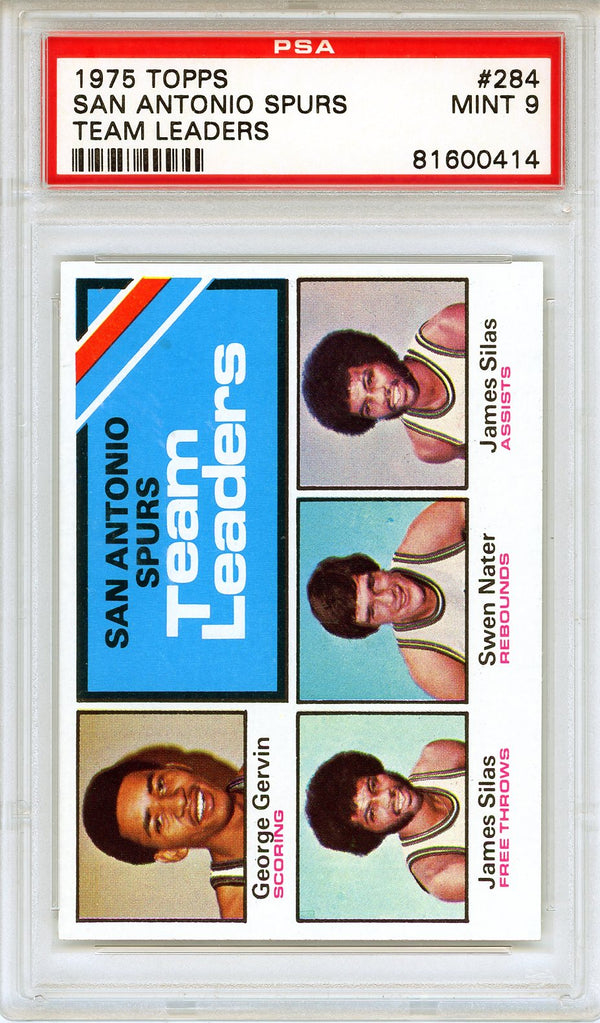 San Antonio Spurs Team Leaders 1975 Topps Card #284 (PSA Mint 9)