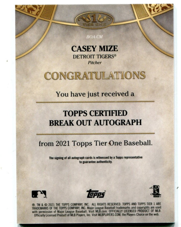 Casey Mize 2021 Topps Tier One #BOACM Autographed Card /25