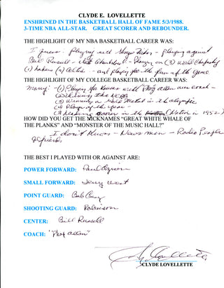 Clyde Lovellette Autographed Hand Filled Out Survey Page (JSA)