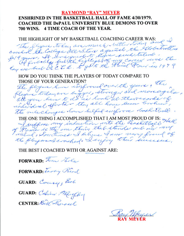 Ray Meyer Autographed Hand Filled Out Survey Page (JSA)