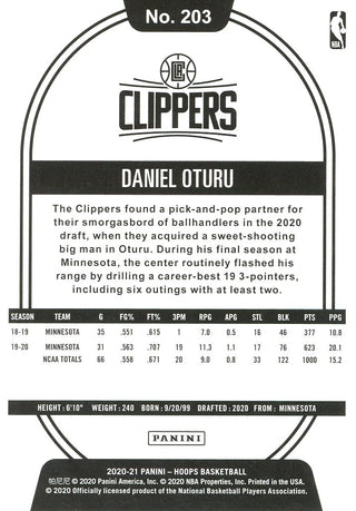 Daniel Oturu 2020 NBA Hoops Rookie Card