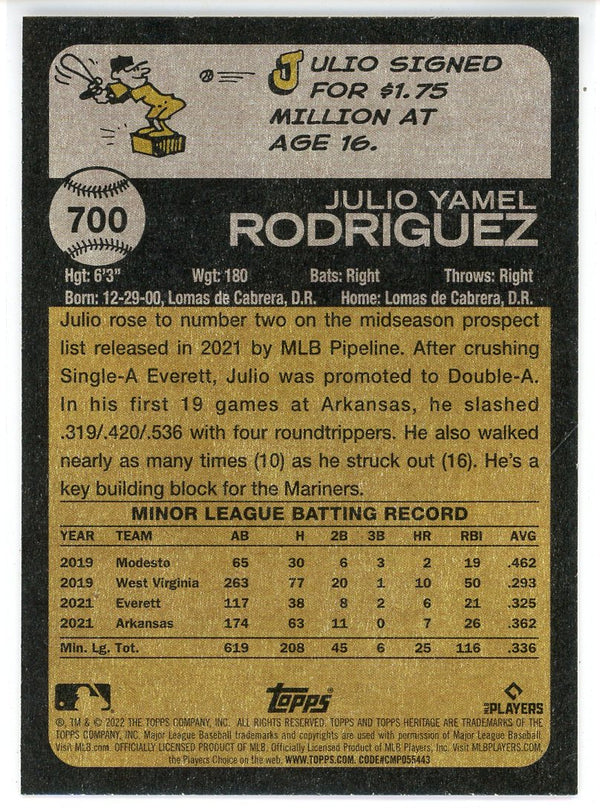 Julio Rodriguez 2022 Topps Heritage Rookie Card #700