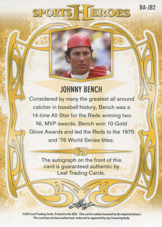 Johnny Bench Autographed 2013 Leaf Sports Heroes Card