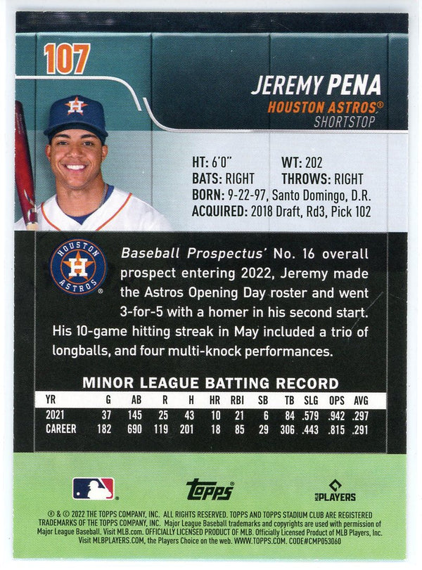 Jeremy Pena 2022 Topps Stadium Club Rookie Card #107