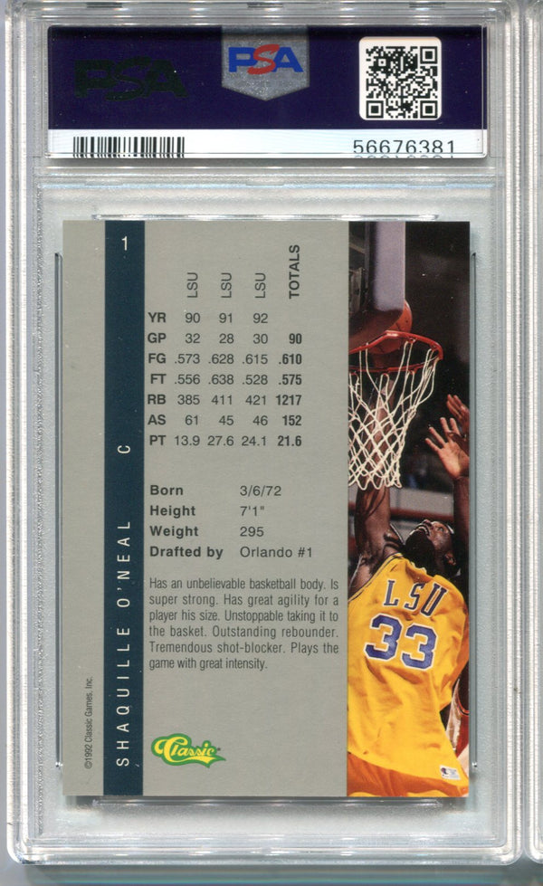 Shaquille O`Neal 1992 Classic 4 Sport #1 PSA Mint 9 Card