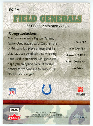 Peyton Manning 2007 Fleer Ultra Field Generals Patch Card #FG-PM